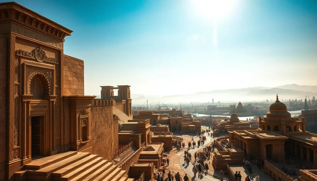 An ancient Mesopotamian city nestled along the banks of the Euphrates River, with towering ziggurat temples, ornate palaces, and bustling marketplaces. Warm sunlight filters through the hazy atmosphere, casting long shadows across the weathered limestone facades. In the foreground, intricate stonework and carved reliefs adorn the entrances to the grand structures, while in the middle ground, winding cobblestone streets are lined with bustling merchants and locals going about their daily routines. In the distance, the silhouettes of distant mountains provide a majestic backdrop to this timeless scene, evoking a sense of history and cultural legacy.