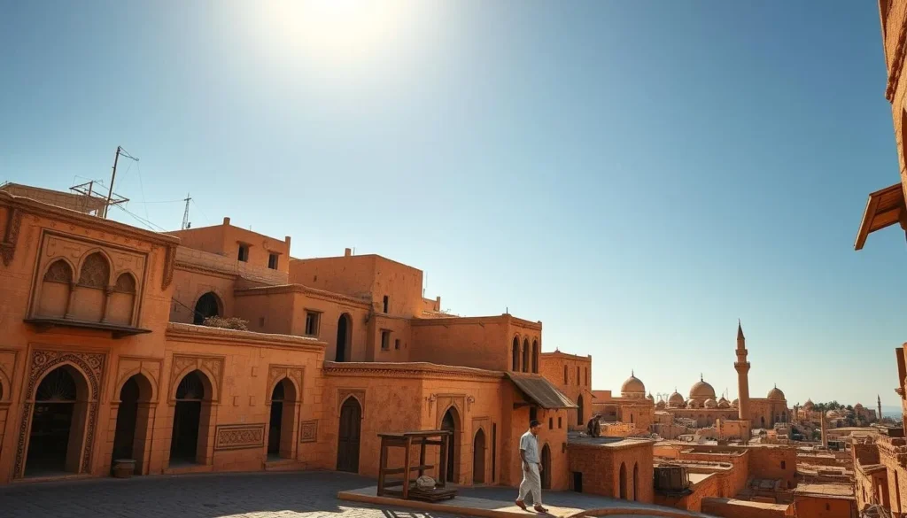 An ancient city nestled in the heart of Iraq, Al-Hillah's old quarter exudes a timeless charm. Capture the essence of this historic gem on a picturesque day, bathed in warm, golden light. In the foreground, cobblestone streets wind through a labyrinth of traditional mud-brick buildings, their facades adorned with intricate carvings and arched doorways. Middle-ground vignettes showcase local artisans at work, crafting their wares in humble workshops. In the distance, the iconic minarets of mosques and domes of historic landmarks punctuate the skyline, silhouetted against a clear, azure sky. Imbue the scene with an air of peaceful tranquility, inviting the viewer to step back in time and explore the captivating spirit of this ancient Mesopotamian settlement.