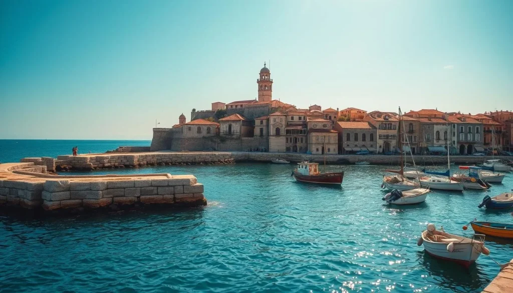 An ancient harbor nestled along the Mediterranean coast, its weathered stone piers and breakwaters standing as sentinels of a bygone era. Sunlight dances across the calm, azure waters, reflecting off the weathered facades of historic buildings lining the shore. In the distance, a proud Roman-era lighthouse towers over the scene, its beacon once guiding seafaring vessels to this vibrant commercial hub. Fishing boats bob gently at their moorings, their sails furled, hinting at the bustling activities that once filled this storied port. The air is crisp and clean, infused with the salty tang of the sea and the whispers of centuries-old history.