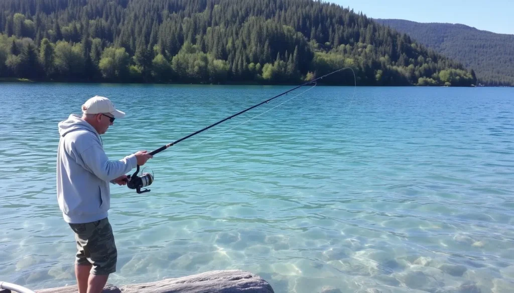 An angler casting a line into the clear waters of Lake Oyeren