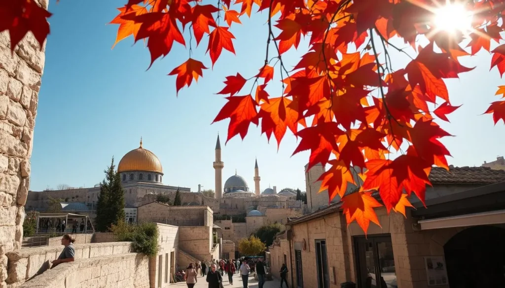 An autumn day in historic Jerusalem, the sun casting a warm glow over the ancient stone buildings and winding alleyways. In the foreground, vibrant orange and red leaves flutter gently in a soft breeze, framing a picturesque street scene. In the middle ground, locals and visitors stroll leisurely, taking in the serene atmosphere. In the background, the iconic domes and minarets of the city's sacred sites rise majestically against a clear, azure sky. The scene is bathed in a golden, nostalgic light, evoking the tranquil charm of Jerusalem during the pleasant fall season.
