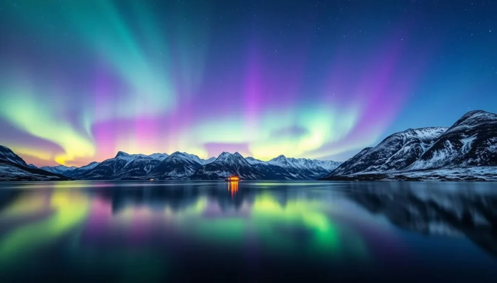 An awe-inspiring display of the Northern Lights dancing across the night sky over the tranquil fjords of Moss, Norway. Vibrant hues of green, purple, and blue swirl and undulate, illuminating the rugged, snow-capped mountains in the distance. A serene lake reflects the mesmerizing celestial show, creating a captivating mirror effect. The scene is bathed in a soft, natural glow, captured through the lens of a wide-angle camera with a long exposure, preserving the ethereal, otherworldly atmosphere. This idyllic winter landscape showcases the breathtaking seasonal beauty that Moss has to offer.