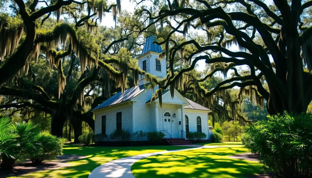 An early 19th century wooden church nestled in the lush greenery of Cumberland Island, Georgia. The First African Baptist Church stands tall, its weathered exterior and steeple casting gentle shadows across the surrounding live oak trees draped in Spanish moss. Sunlight filters through the branches, illuminating the serene scene. The church's simple yet elegant design, with its white clapboard siding and pointed steeple, evokes a sense of timeless charm. In the foreground, a winding path leads visitors towards the historic building, inviting them to explore this important piece of the island's rich cultural heritage.