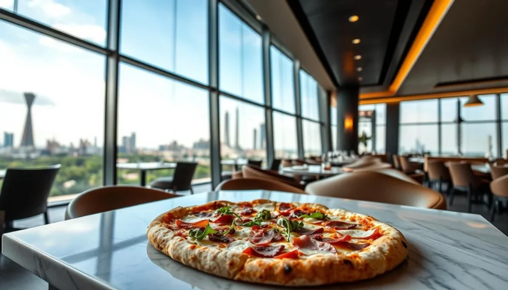 An elegant and modern pizzeria nestled in the heart of Brasilia, with sleek interiors and large windows offering panoramic views of the city's striking architectural wonders. The aroma of freshly baked, thin-crust pizza wafts through the air, drawing in discerning diners seeking an upscale culinary experience. Skilled chefs artfully arrange premium toppings like prosciutto, arugula, and shaved truffles, crafting pies that are both visually stunning and bursting with flavor. Soft, ambient lighting casts a warm glow over the dining room, where guests savor every bite while enjoying the vibrant energy of Brazil's modernist capital.