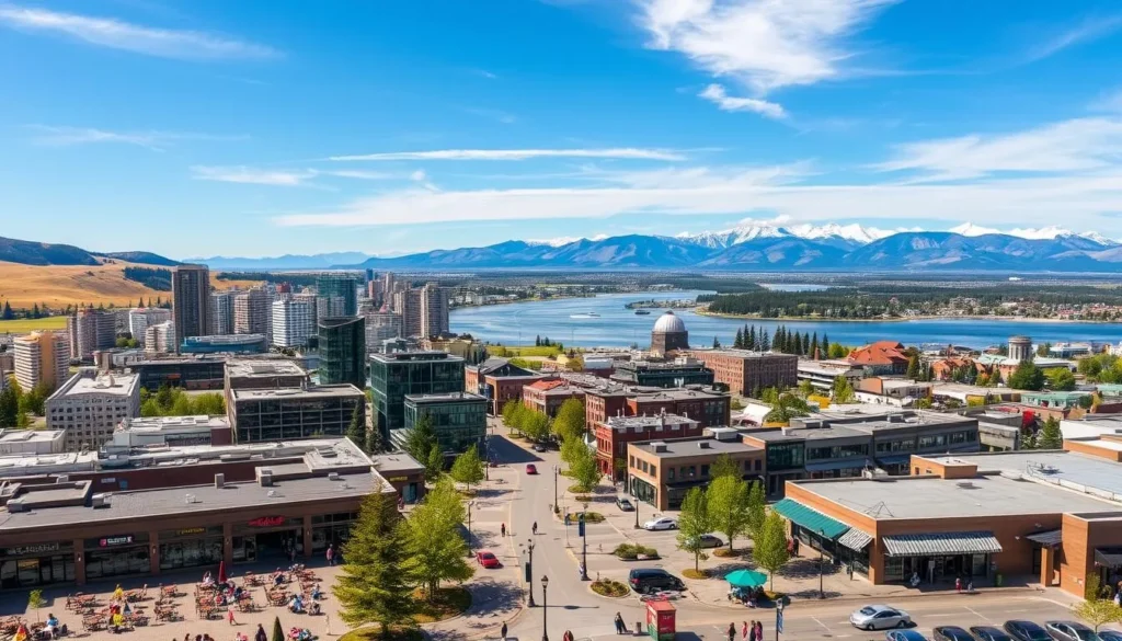 An expansive cityscape of Fort St. John, British Columbia, nestled between rolling hills and under a vast, azure sky. The city's downtown core bustles with activity, its modern skyscrapers and historic buildings coexisting harmoniously. In the foreground, a lively pedestrian plaza is filled with people enjoying the pleasant weather, sipping coffee at charming cafes and browsing local shops. The middle ground showcases the mighty Peace River, its waters glimmering in the warm sunlight, with boats and kayaks dotting its surface. In the distance, the majestic Canadian Rockies rise, their snow-capped peaks touching the clouds, creating a breathtaking backdrop to this energetic and thriving city.