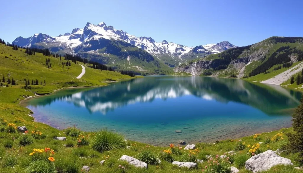 An expansive landscape of Jotunheimen National Park, Norway, on a bright, sunny day. In the foreground, a crystal-clear alpine lake reflects the towering peaks of the Jotun Mountains, their rugged, snow-capped summits reaching towards the heavens. Lush, verdant meadows and ancient glacial moraines flank the shoreline, dotted with vibrant wildflowers. In the middle ground, a winding hiking trail leads the eye deeper into the land of giants, where cascading waterfalls tumble down granite cliffs and dense, evergreen forests cling to the steep slopes. The background is dominated by the majestic, jagged silhouettes of the Jotun range, their imposing presence evoking a sense of awe and wonder.
