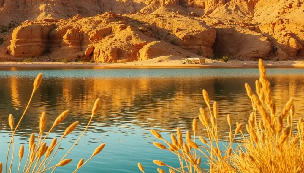 An expansive oasis nestled amid the rugged desert landscape, the hidden gems of As-Suways beckon with their serene charm. Capture the tranquil waters of a picturesque desert lagoon, its surface reflecting the warm hues of the surrounding sandstone cliffs. In the foreground, indigenous flora sways gently in the soft breeze, while in the distance, a lone Bedouin encampment adds a touch of authentic cultural flair. Bathe the scene in the golden glow of the afternoon sun, creating a sense of timeless wonder and a palpable air of mystery. Compose the frame to emphasize the striking juxtaposition of the serene oasis and the stark, weathered desert beyond, inviting the viewer to discover the unexpected delights that lie off the beaten path in this captivating region.