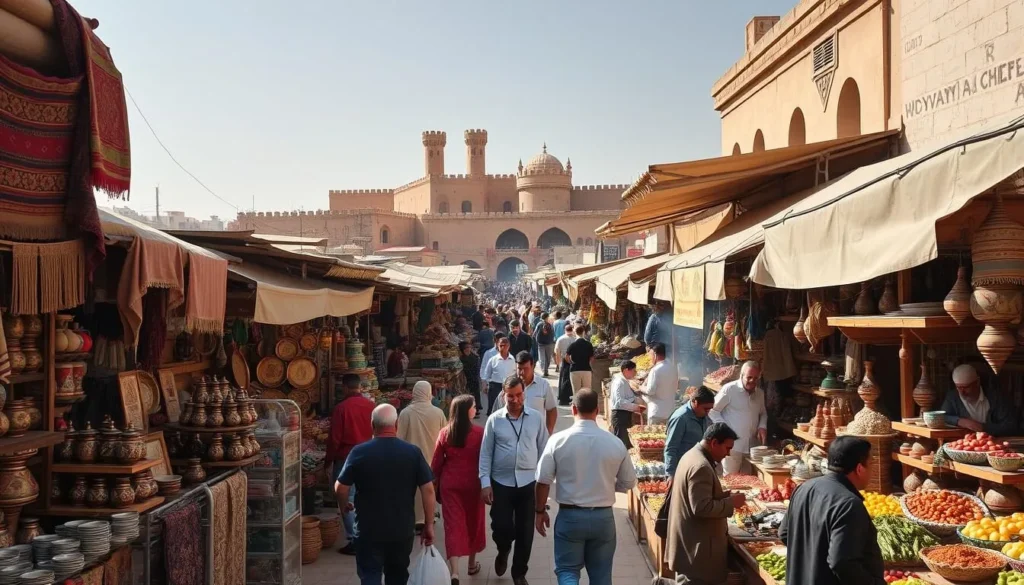 An expansive outdoor market in Hillah, Iraq, bustling with activity under the warm sun. Rows of vibrant stalls offering an array of local wares - intricate textiles, handcrafted pottery, spices, and fresh produce. Shoppers weave through the lively crowds, examining the diverse goods on display. In the background, the historic architecture of Hillah stands tall, adding to the timeless atmosphere. The scent of grilled meats and brewing tea wafts through the air, inviting further exploration. Capture the dynamic energy and cultural richness of Al-Hillah Market, a true shopper's paradise.