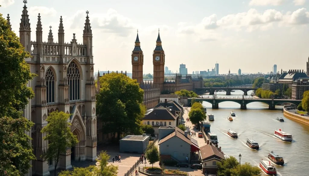 An expansive, panoramic view of the iconic Westminster area of London on a pleasant, sun-dappled day. In the foreground, the majestic façade of Westminster Abbey stands tall, its ornate Gothic architecture glowing in the warm light. In the middle ground, the stately houses of Parliament and the clock tower of Big Ben rise impressively, surrounded by lush green trees and quaint cobblestone streets. The background features the gently flowing River Thames, with a fleet of traditional riverboats plying its waters. The scene is filled with a sense of timeless elegance and historic grandeur, capturing the essence of this celebrated heart of London.