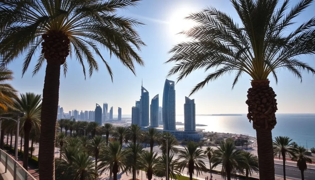 An expansive vista of Abu Dhabi's striking cityscape, bathed in the soft glow of a crisp winter sun. In the foreground, lush palm trees sway gently, their fronds casting delicate shadows on the vibrant promenade below. Towering skyscrapers, their sleek glass facades reflecting the azure sky, rise majestically in the middle ground, creating a symphony of architectural elegance. The tranquil waters of the Arabian Gulf shimmer in the distance, their horizon line merging seamlessly with the clear, cloudless atmosphere. A serene and inviting atmosphere, perfectly capturing the essence of Abu Dhabi's picturesque winter weather.