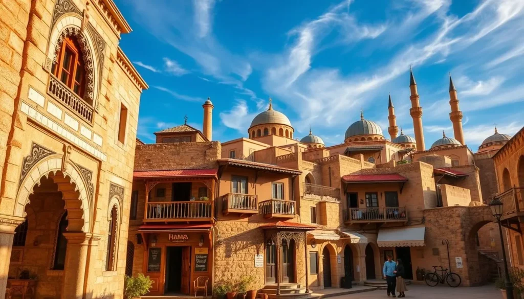An exterior view of a traditional Hama neighborhood showcasing a variety of accommodation options. In the foreground, a well-maintained courtyard house with ornate stone arches and intricate woodcarvings. The middle ground features a cluster of historic inns with colorful facade details, lanterns, and awnings. In the background, the silhouettes of domed mosques and minarets rise against a vibrant blue sky with wispy clouds. The scene is bathed in warm, golden afternoon light, creating a welcoming and atmospheric ambiance. Shot with a wide-angle lens to capture the architectural harmony and scale of the historic district.