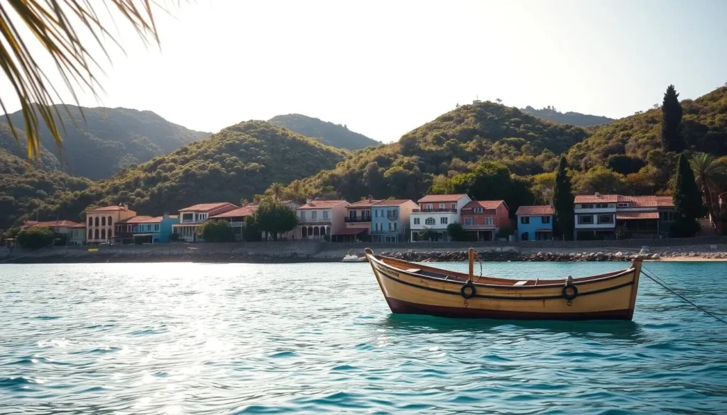 An idyllic coastal town in Arraial do Cabo, Brazil, nestled along the picturesque shoreline. In the foreground, a quaint fishing boat gently sways in the calm azure waters, its weathered hull reflecting the warm sunlight. The middle ground features a row of colorful houses, their stucco walls and tiled roofs creating a charming, traditional aesthetic. In the background, rolling hills draped in lush, verdant foliage provide a stunning natural backdrop. The scene is bathed in a soft, golden glow, evoking a sense of tranquility and timeless beauty. A gentle sea breeze ruffles the palm fronds, adding to the serene, idyllic atmosphere. The overall composition captures the essence of Arraial do Cabo's captivating transportation and scenic coastal charm.