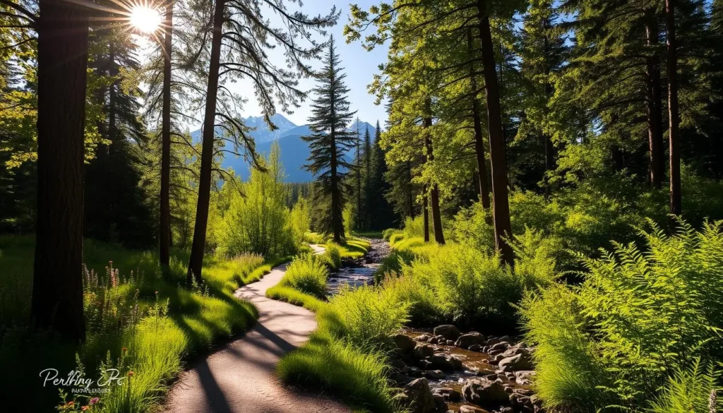 An idyllic cottonwood-lined trail winds through a lush, verdant landscape in Fernie, British Columbia. Dappled sunlight filters through the towering trees, casting a warm, golden glow over the serene scene. In the foreground, a meandering path invites exploration, flanked by vibrant wildflowers and verdant ferns. The middle ground features a tranquil stream, its waters glistening as they flow gently over smooth rocks. In the distance, majestic mountain peaks rise, their snow-capped summits a stunning backdrop to this hidden gem. The overall atmosphere exudes a sense of peaceful solitude, inviting the viewer to immerse themselves in the natural beauty of this off-the-beaten-path trail.