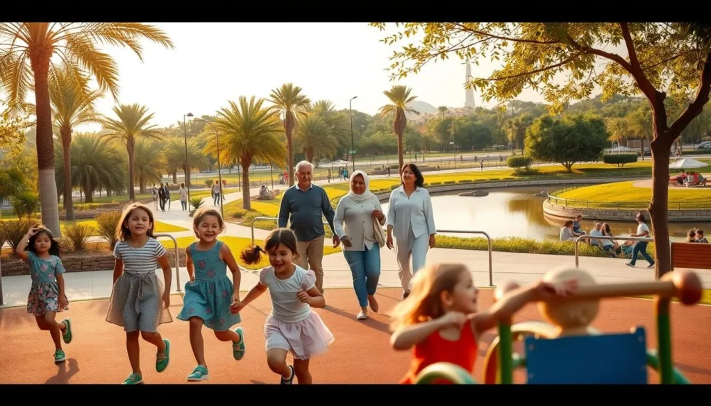 An idyllic family scene in the heart of Hawally, Kuwait, showcasing the vibrant, family-friendly activities on offer. In the foreground, a group of children joyfully playing on a well-maintained playground, their laughter echoing through the air. In the middle ground, parents and grandparents stroll along a lush, tree-lined promenade, taking in the sights and enjoying quality time together. In the background, a serene park with lush greenery and a picturesque pond, where families gather for picnics and leisurely activities. Warm, soft lighting illuminates the scene, creating a welcoming and inviting atmosphere. The overall composition captures the essence of Hawally as a hub for family-oriented recreation and relaxation.