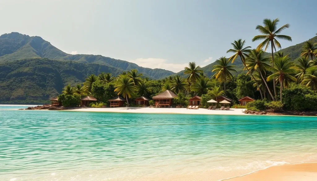 An idyllic island oasis, sun-dappled and serene. In the foreground, a sprawling beach of soft white sand, dotted with sun loungers and umbrellas. Crystalline turquoise waters lap gently at the shore, inviting visitors to swim and snorkel. In the middle ground, a cluster of thatched-roof bungalows and wooden cabanas, their warm, earthy tones in harmony with the lush tropical foliage surrounding them. Towering palm trees sway gently in the ocean breeze, casting dappled shadows across the scene. The background reveals verdant hills and mountains, their slopes draped in a verdant tapestry of vibrant greens. Warm, golden sunlight bathes the entire landscape, creating a sense of tranquility and relaxation.