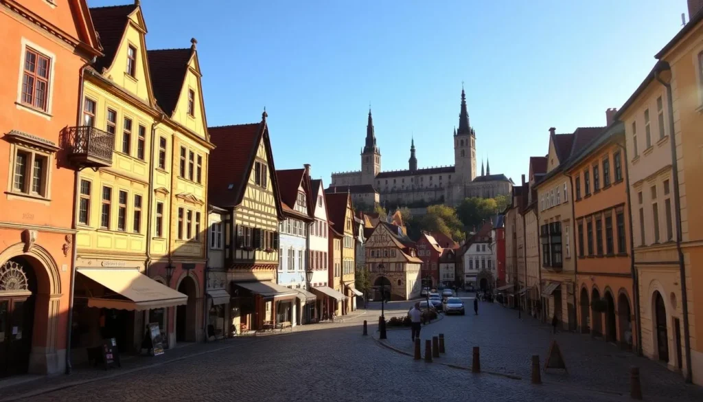 An idyllic scene of Telc's historic buildings bathed in warm, golden sunlight. In the foreground, colorful facades and ornate details of Renaissance-era architecture stand tall, inviting closer inspection. In the middle ground, cobblestone streets wind through the charming town center, flanked by quaint shops and cafes. The background reveals the town's medieval castle, its towers and spires rising majestically against a clear, azure sky. The overall atmosphere is one of timeless elegance and tranquility, transporting the viewer to the heart of Czechia's captivating history.