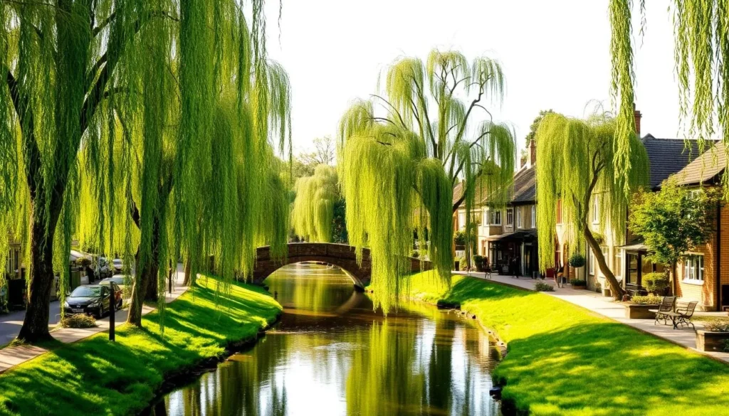 An idyllic scene of the River Cray winding through the historic village of Old Bexley. Lush green banks line the tranquil waterway, shaded by mature willow trees whose drooping branches sway gently in the warm breeze. Quaint stone bridges arch over the river, connecting the narrow streets dotted with charming cottages and brick-and-timber buildings. Sunlight filters through the trees, casting a soft, golden glow over the peaceful riverside setting. Strolling pedestrians and the occasional cyclist add to the serene, picturesque atmosphere of this quintessential English country scene.