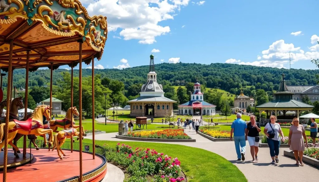 An idyllic summer day in Binghamton, New York, where the historic Carousel Circuit comes alive. In the foreground, a vintage carousel spins gracefully, its intricate wooden horses and gilded details shimmering in the warm sunlight. Families and friends stroll along the well-kept paths, pausing to admire the vibrant flower beds that line the walkways. In the middle ground, the iconic pavilions and structures of the circuit stand tall, their architectural charm evoking a bygone era. In the background, the rolling hills and lush greenery of Binghamton's natural landscape provide a picturesque backdrop, creating a serene and inviting atmosphere that captures the essence of this unique local attraction. An idyllic summer day in Binghamton, New York, where the historic Carousel Circuit comes alive. In the foreground, a vintage carousel spins gracefully, its intricate wooden horses and gilded details shimmering in the warm sunlight. Families and friends stroll along the well-kept paths, pausing to admire the vibrant flower beds that line the walkways. In the middle ground, the iconic pavilions and structures of the circuit stand tall, their architectural charm evoking a bygone era. In the background, the rolling hills and lush greenery of Binghamton's natural landscape provide a picturesque backdrop, creating a serene and inviting atmosphere that captures the essence of this unique local attraction.