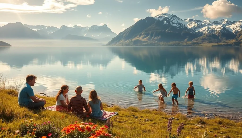 An idyllic summer scene at Lake Sandvatnet, Norway. In the foreground, a family of four enjoy a picnic on the lush, grassy shore, surrounded by vibrant wildflowers. In the middle ground, children splash and wade in the crystal-clear, turquoise waters of the lake, their joyful laughter echoing across the peaceful setting. The background features the majestic, snow-capped peaks of the Jotunheimen mountains, their rugged beauty reflected in the still, mirror-like surface of the lake. Warm, golden sunlight filters through wispy clouds, casting a serene, idyllic glow over the entire scene. Realistic, highly detailed, natural lighting, 4K resolution.
