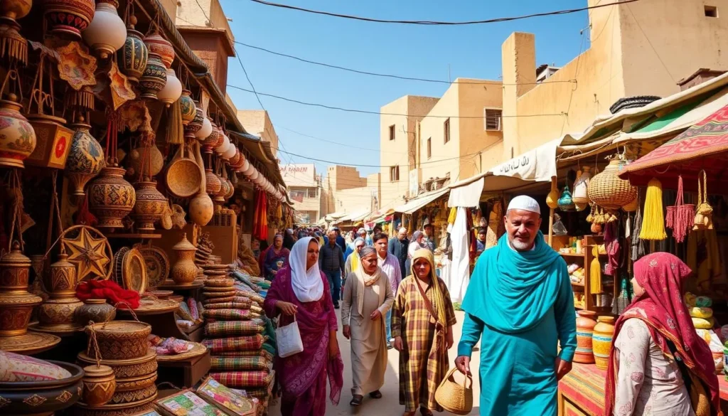 An image of Al-Makha Market in Ibb, Yemen, showcasing local handicrafts and friendly locals.