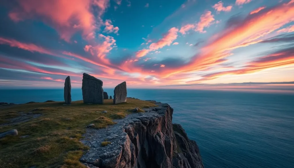 An image of Ale's Stones on a cliff overlooking the Baltic Sea.