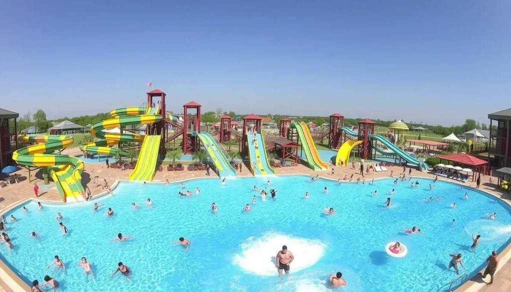 An image of Amaazia Waterpark's main pool area with various water slides and a wave pool.