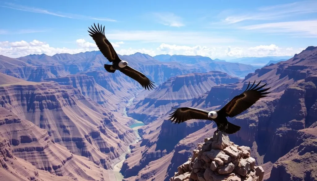 An image of Andean Condors flying over Cruz del Condor viewpoint in Colca Canyon