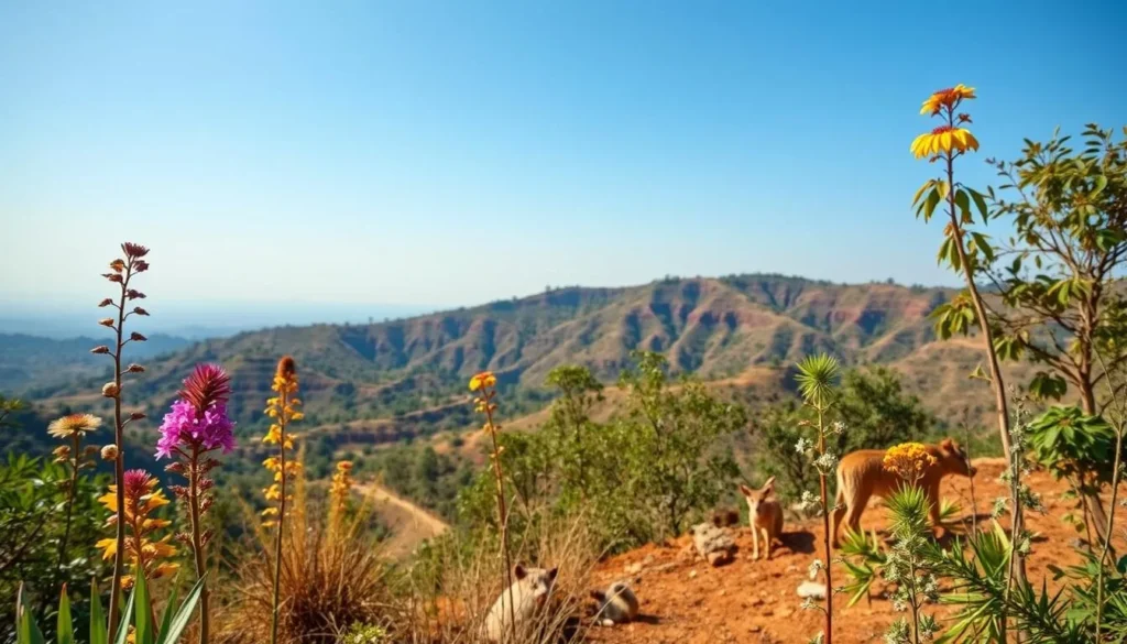 An image of Aravalli Biodiversity Park with diverse flora and fauna.