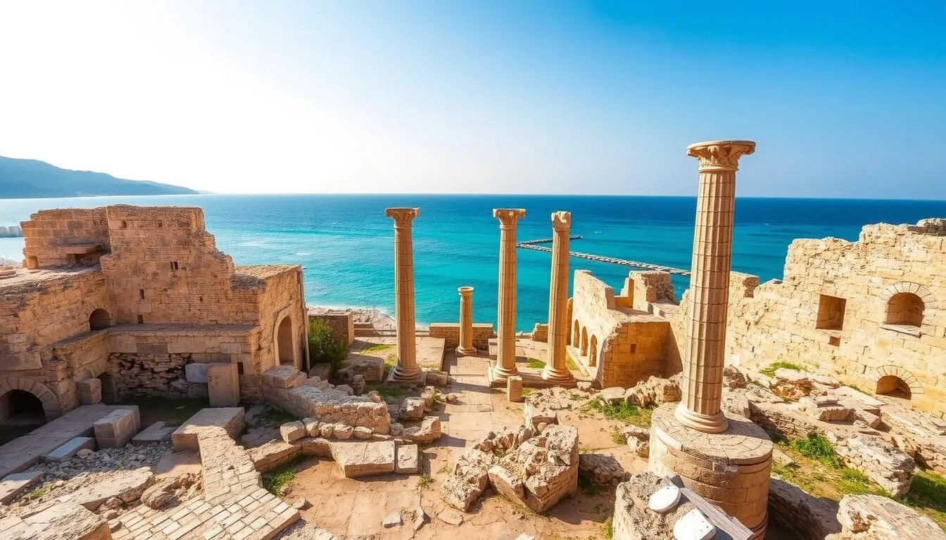 An image of Ashkelon's ancient ruins with the Mediterranean Sea in the background