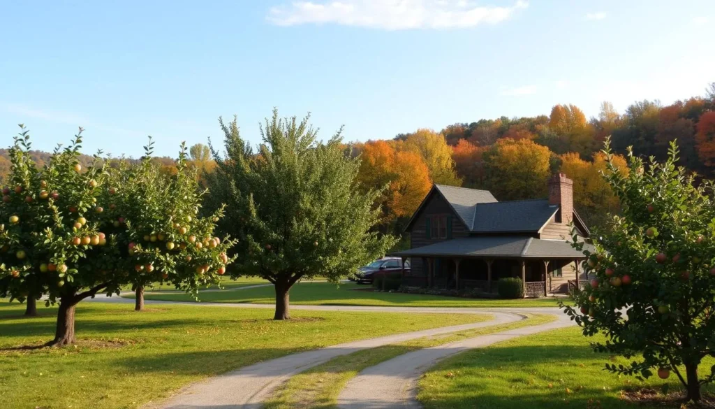 An image of B.J. Reece Orchards in Ellijay, Georgia, with apple trees and a rustic farmhouse.