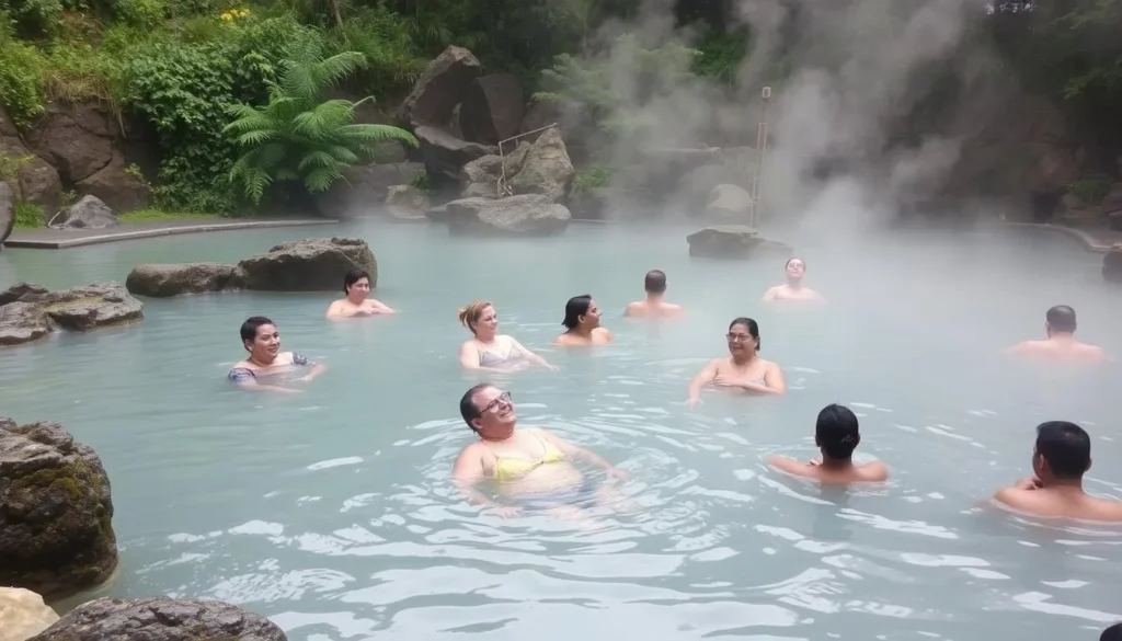 An image of Baños del Inca hot springs with people relaxing in the thermal baths.