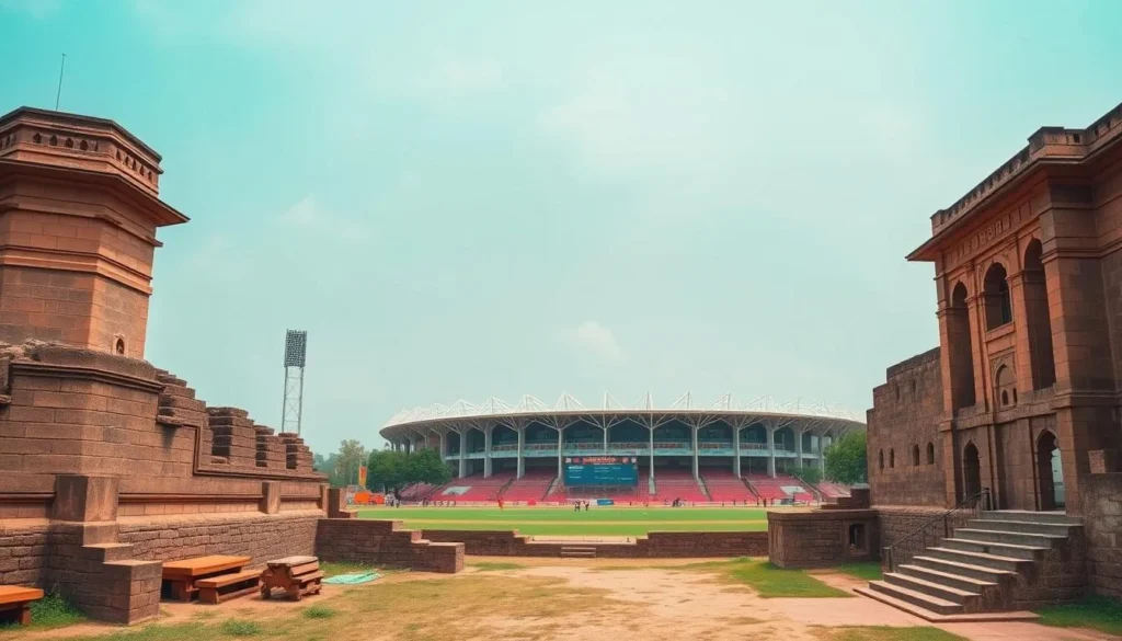 An image of Barabati Fort's ruins with the modern Barabati Stadium in the background.