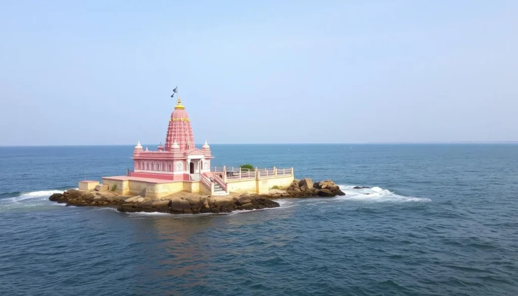 An image of Bet Dwarka island with a temple in the foreground and the sea in the background.
