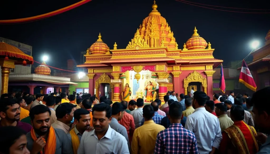 An image of Bipad Tarini Chandi Bari temple in Rajpur Sonarpur, with devotees gathered for a ceremony.