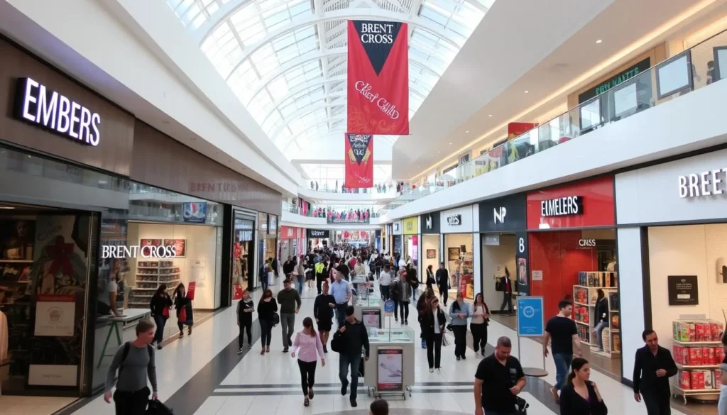 An image of Brent Cross Shopping Centre's interior with shoppers and stores.
