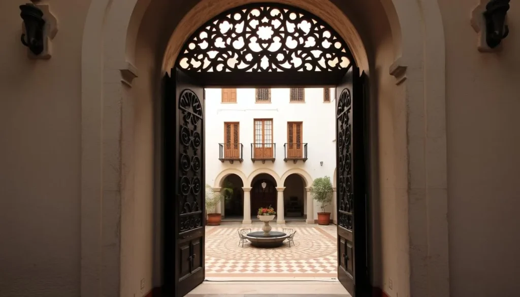 An image of Casa del Moral, showcasing its ornate sillar doorway and central patio