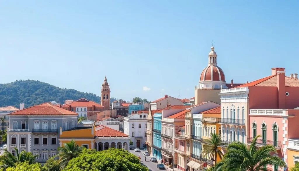 An image of Cayenne cityscape with a mix of French colonial and Caribbean architecture