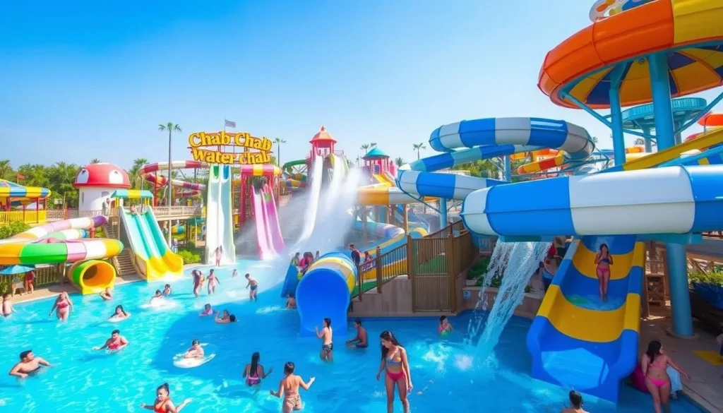 An image of Chab Chaba Chab water park, showing its various water slides and attractions.