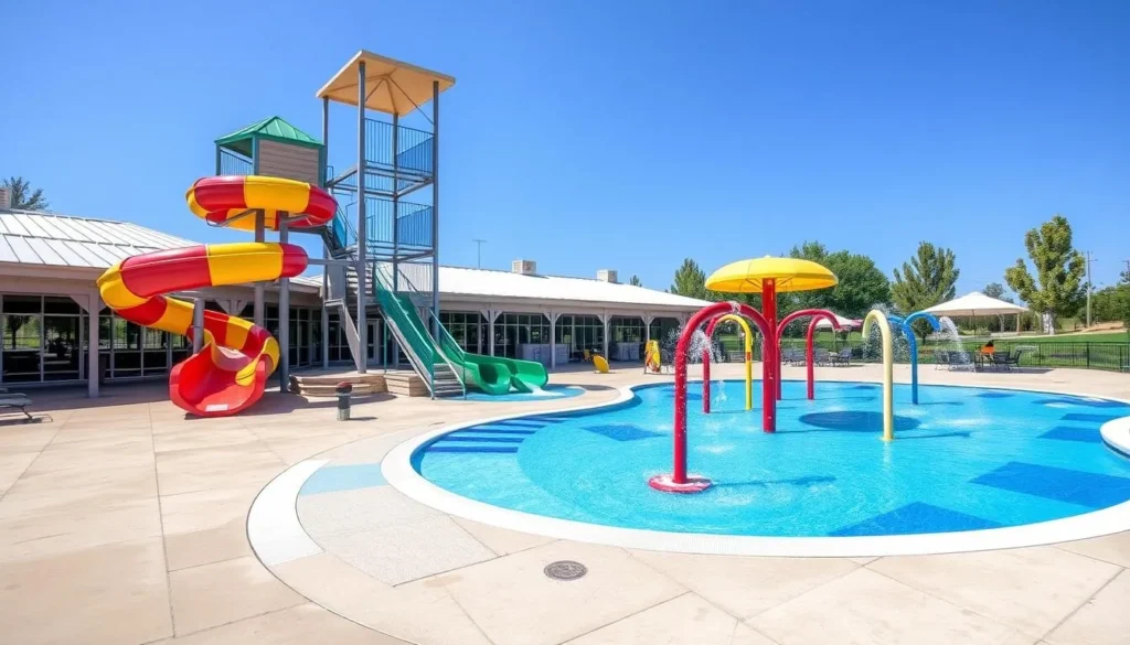 An image of City Lake Park's aquatic center, with a waterslide and splash pad, on a sunny day.