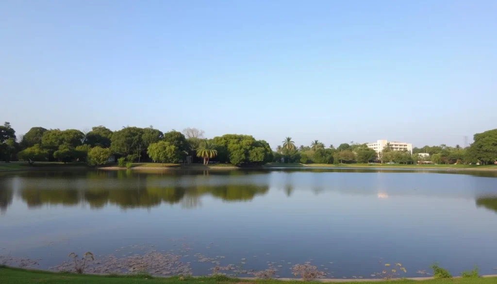An image of City Park Bokaro Steel City with a serene lake and lush greenery