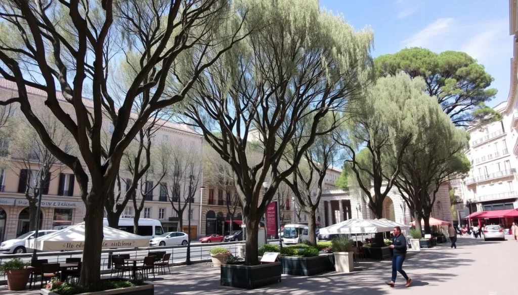 An image of Cours Mirabeau in Aix-en-Provence, lined with plane trees and historic cafes.