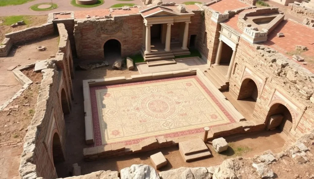 An image of Crofton Roman Villa's excavated remains, showcasing mosaic floors and ancient Roman architecture.