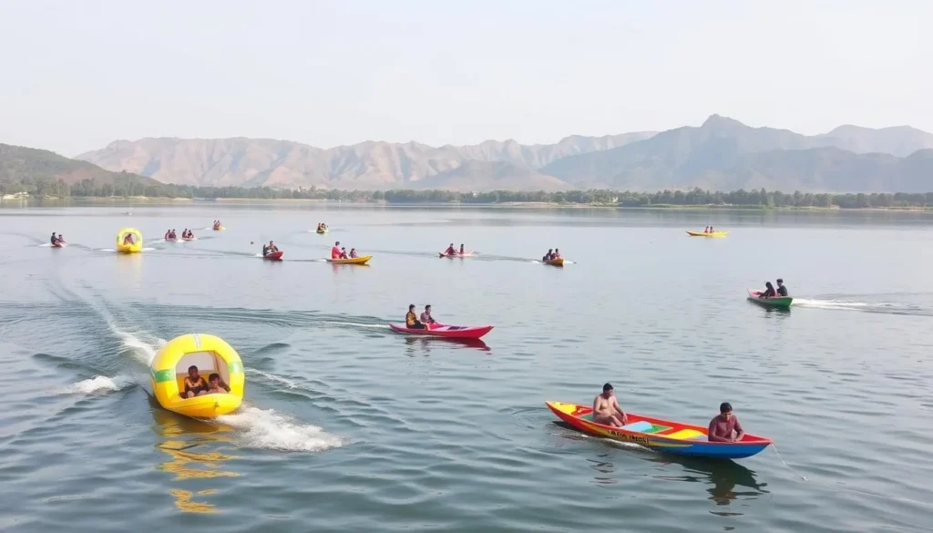 An image of Damdama Lake with people engaging in water sports and surrounded by the Aravalli hills.