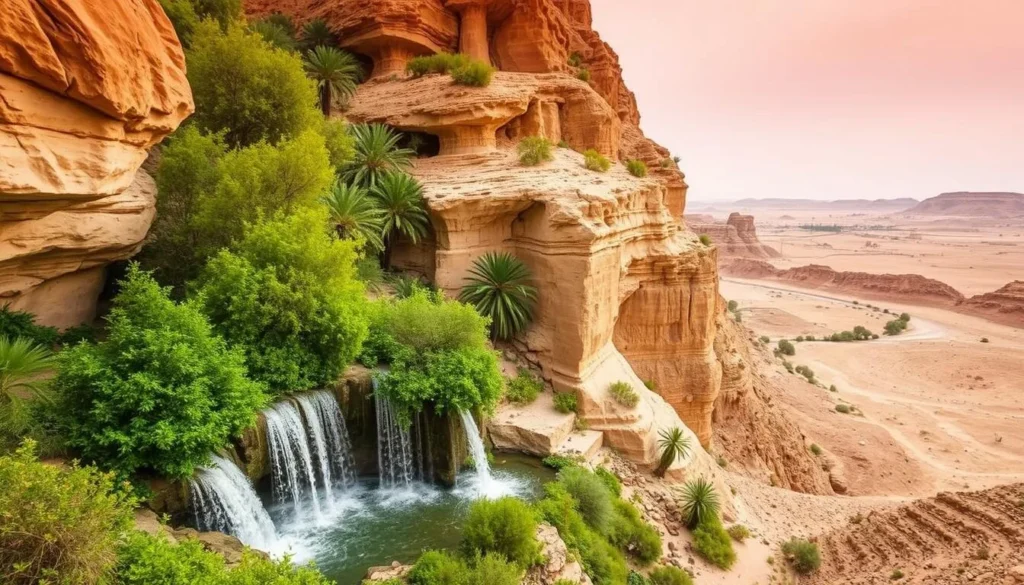 An image of Ein Gedi Oasis with lush greenery and waterfalls surrounded by desert landscape