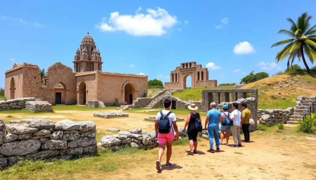 An image of Failaka Island's ancient ruins with a guided tour group exploring the site