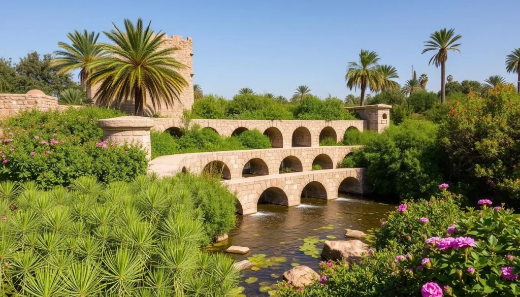 An image of Falaj Al Khatmain irrigation system in Oman, showcasing its ancient stone structures and lush surrounding vegetation.
