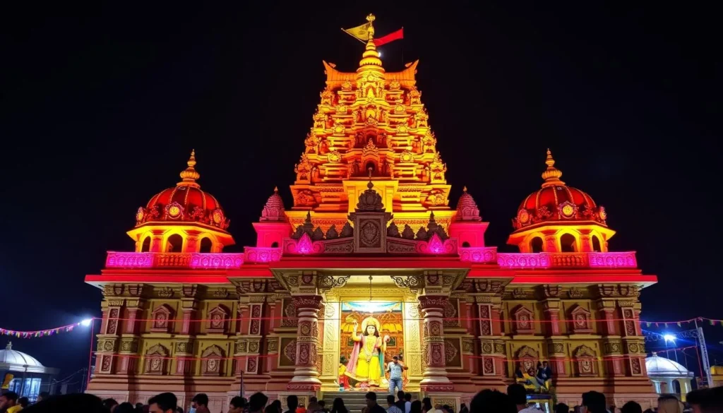 An image of Guruvayur Sree Krishna Temple's beautiful structure illuminated during a festival.