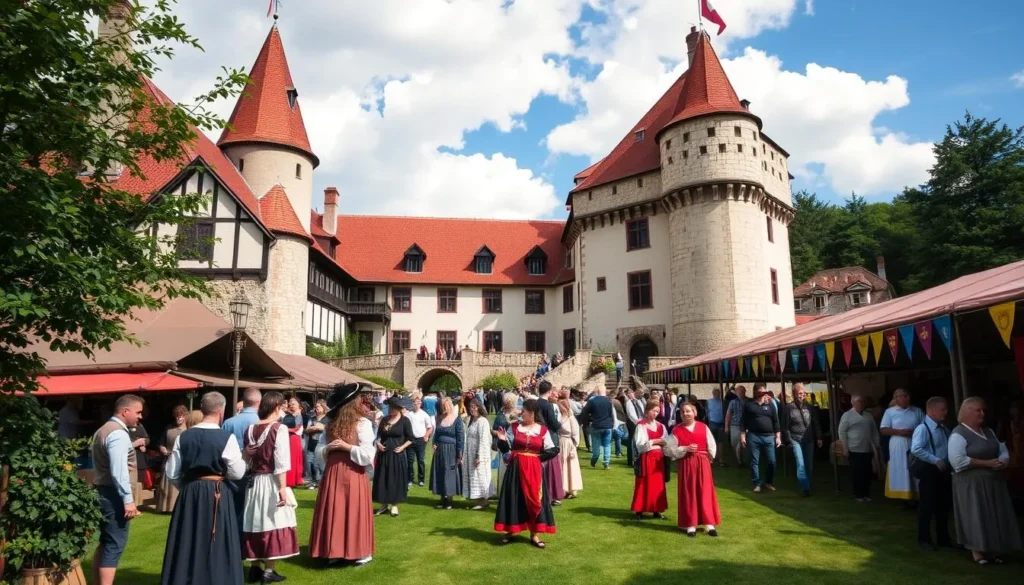 An image of Häme Castle in Hämeenlinna, Finland, during summer with a medieval festival in progress.