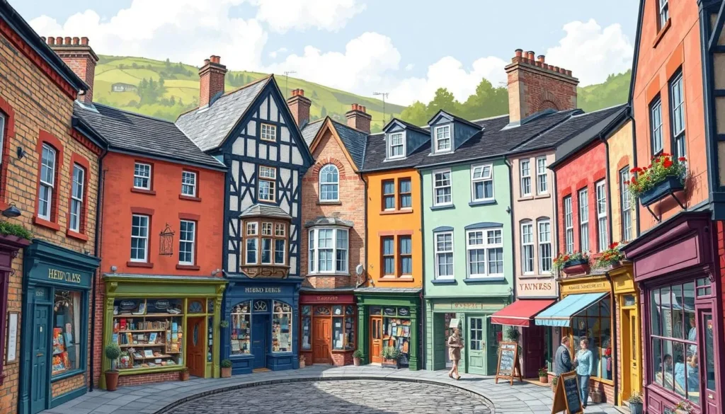 An image of Hebden Bridge town center with its colorful buildings and eclectic shops.
