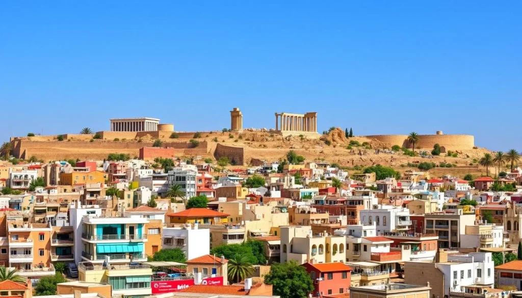 An image of Hillah cityscape with ancient ruins in the background